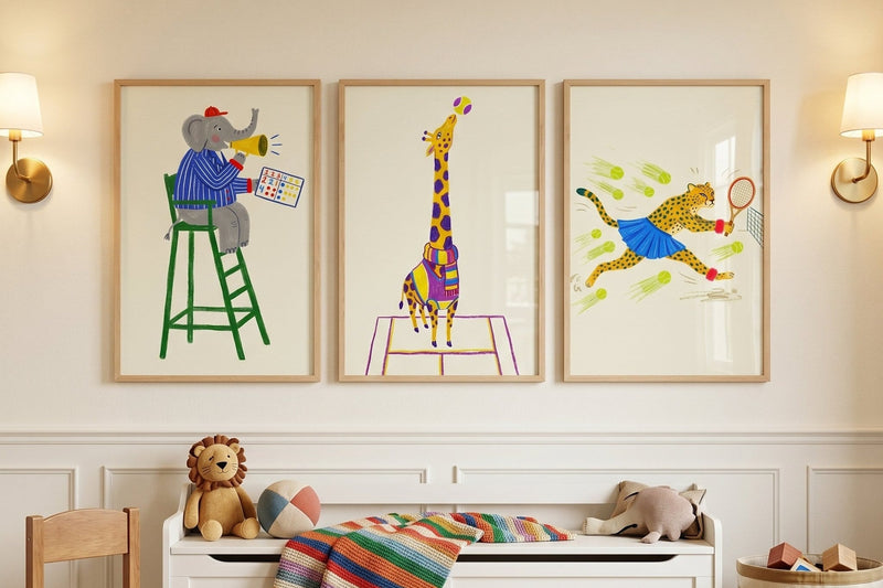 Lion serving, elephant umpire in a playroom