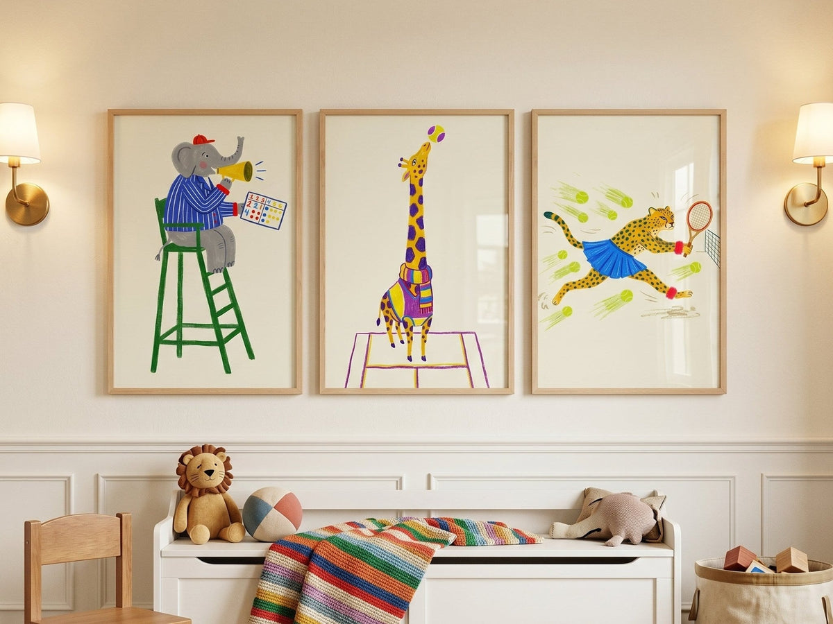 Lion serving, elephant umpire in a playroom