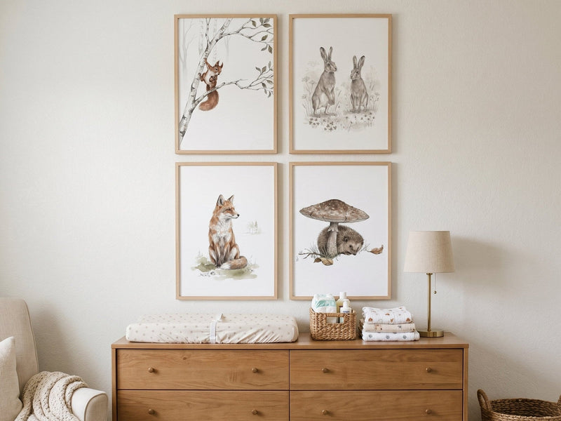 Woodland prints above a changing dresser