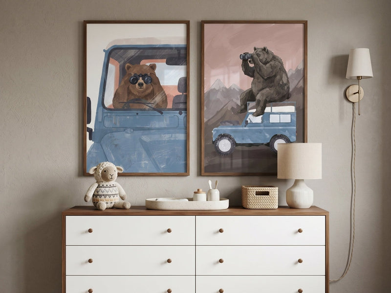 Bears on an adventure above a dresser