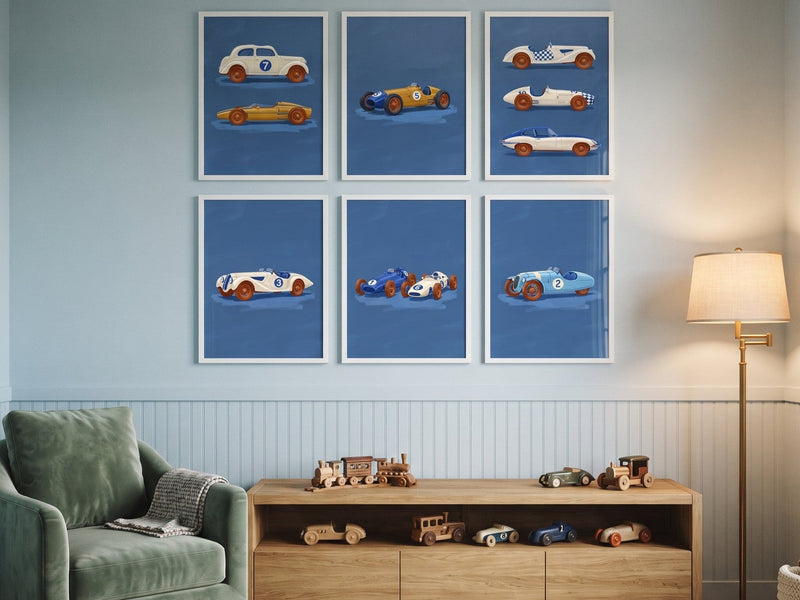Vintage racing cars on navy above a toy shelf