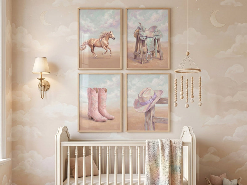 Blush cowgirl prints above a crib