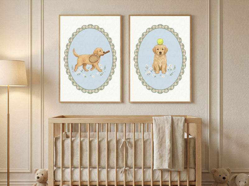 Golden retriever puppies in oval frames above a crib