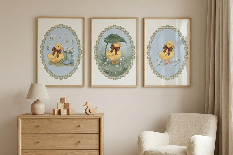 Ducklings in oval frames above a dresser