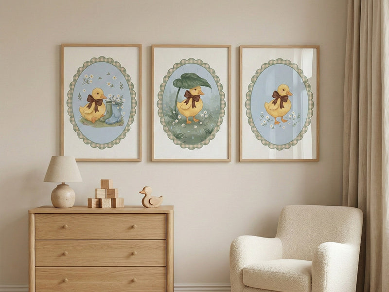 Ducklings in oval frames above a dresser