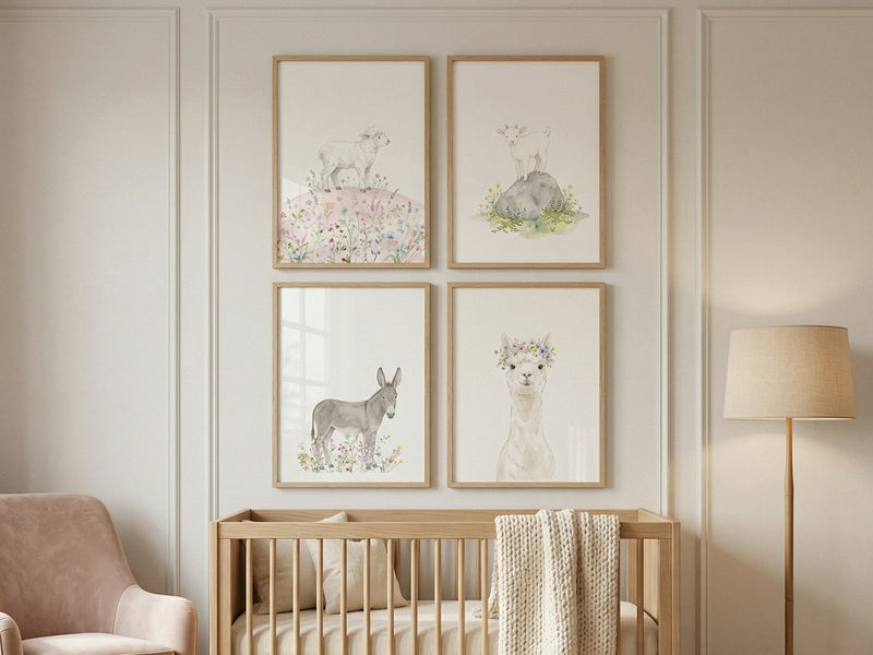 Baby farm animal prints above a crib