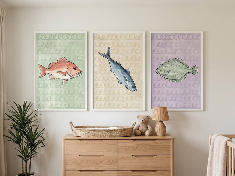 Fish prints above a dresser