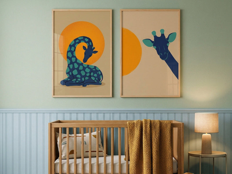 Giraffes under an orange sun above a crib