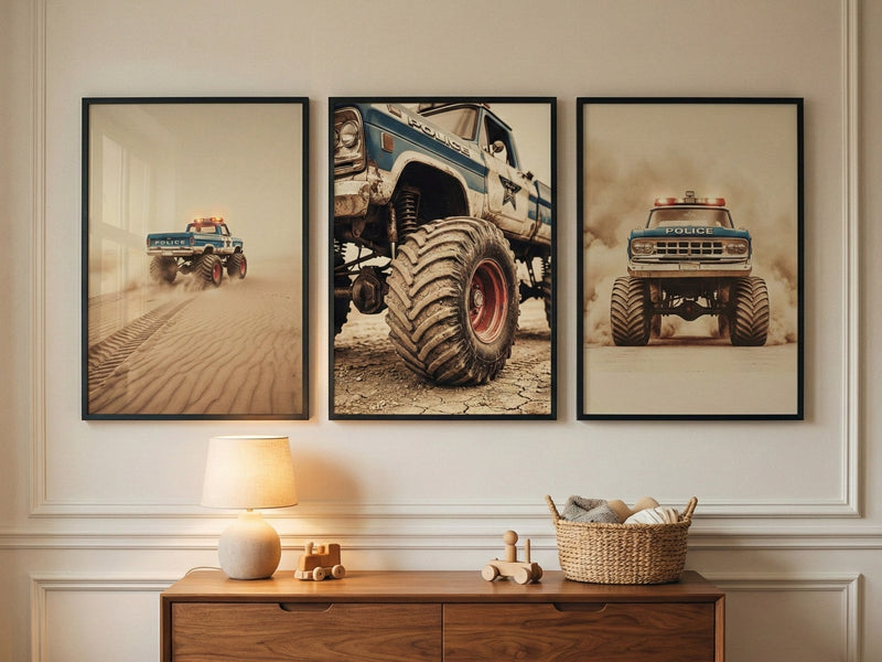 Monster truck prints above a dresser