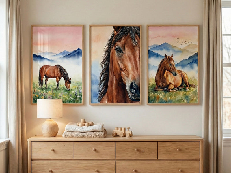 Horses in blue mountains above a dresser