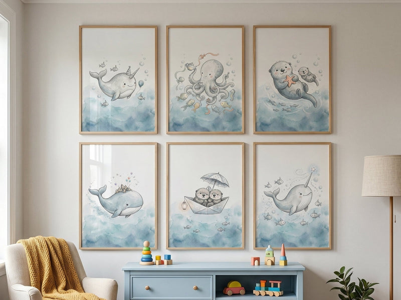 Ocean animal gallery wall in a nursery