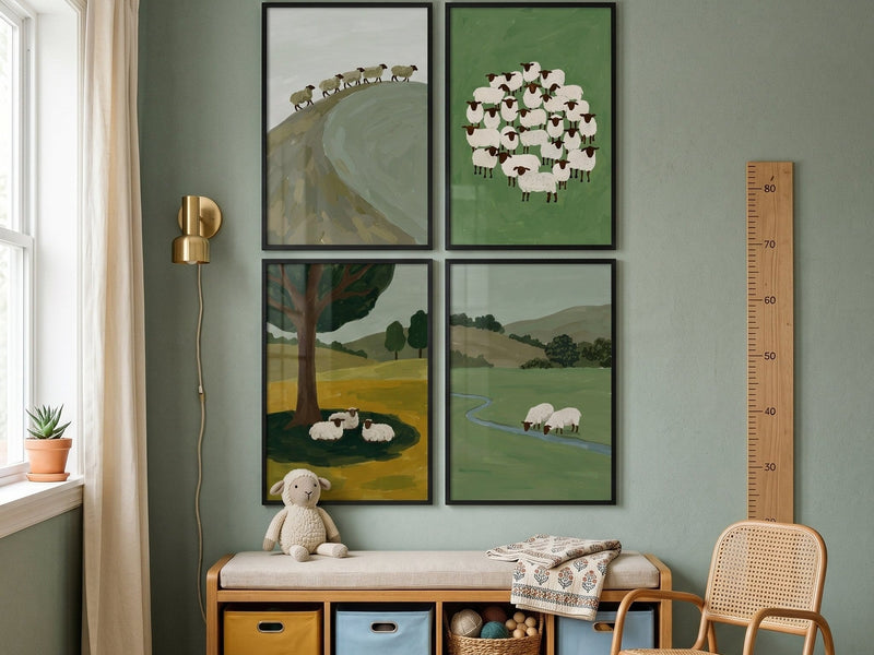 Sheep prints on a sage green wall