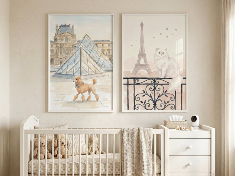 Paris prints with dogs above a crib
