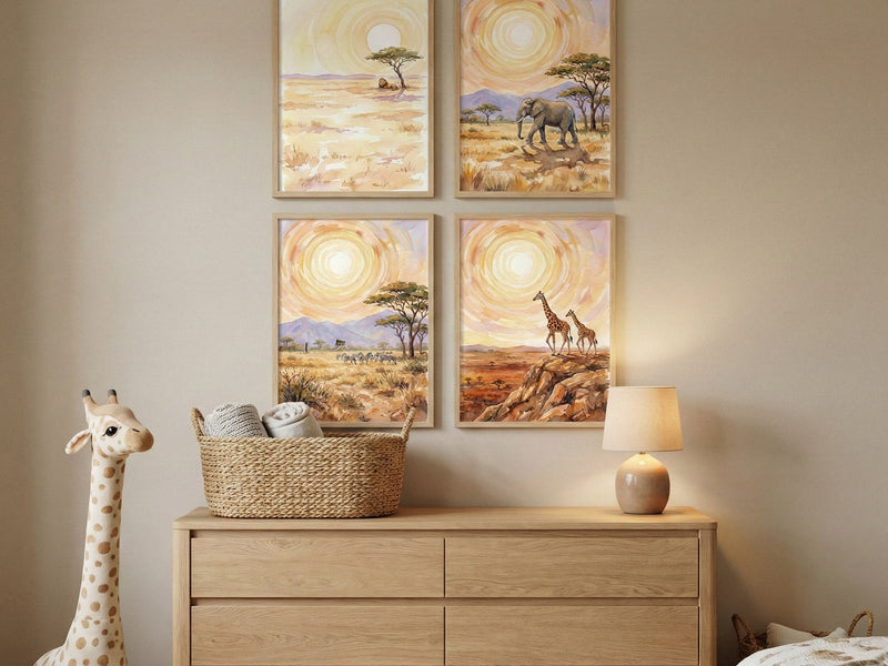 Sunny safari animal prints above a dresser