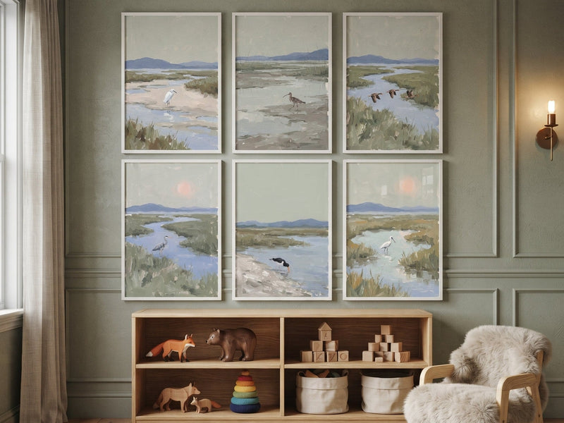 Marsh landscape gallery wall above a toy shelf