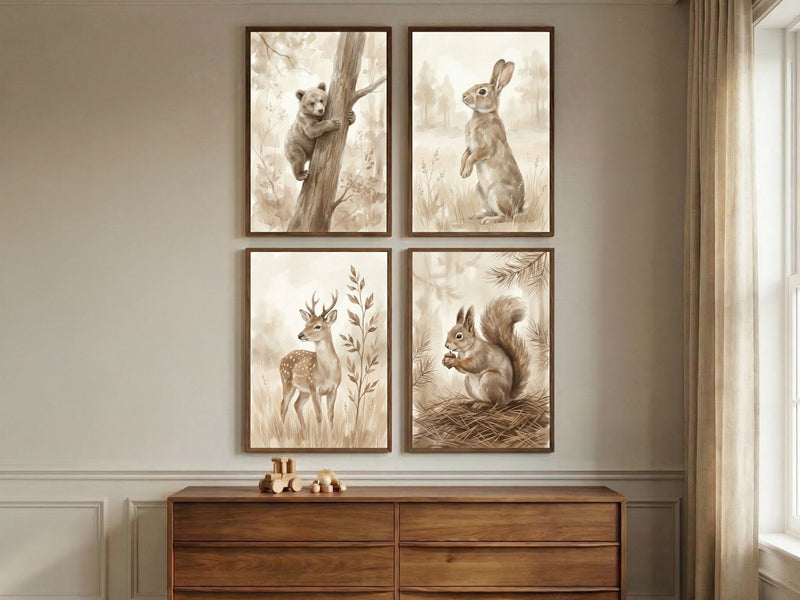 Woodland animal sketches above a dresser