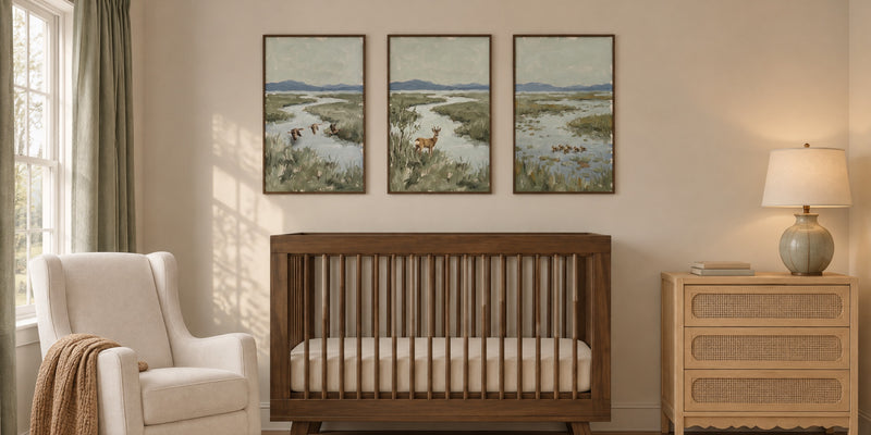 Hunting nursery: sage marsh prints of geese, a buck and ducklings above a walnut crib, with an oat rocker and a cane dresser