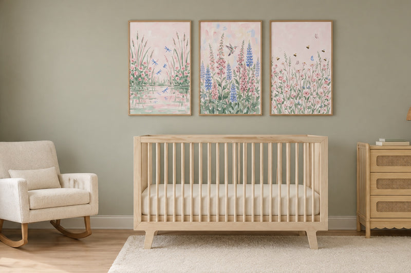 Wildflower nursery: sage walls, a birch crib and three pastel meadow prints