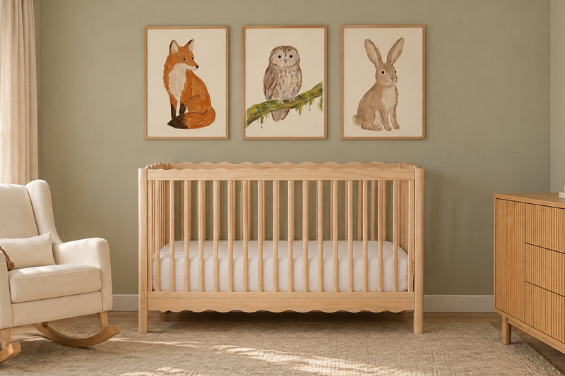 Woodland nursery: fox, owl and bunny prints above a pale wood crib, with a cream rocker, oak dresser and sage walls