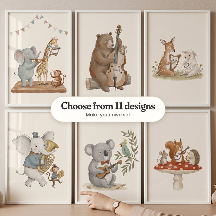 Six musical animal prints in white frames on a shelf, with a label reading Choose from 11 designs, Make your own set