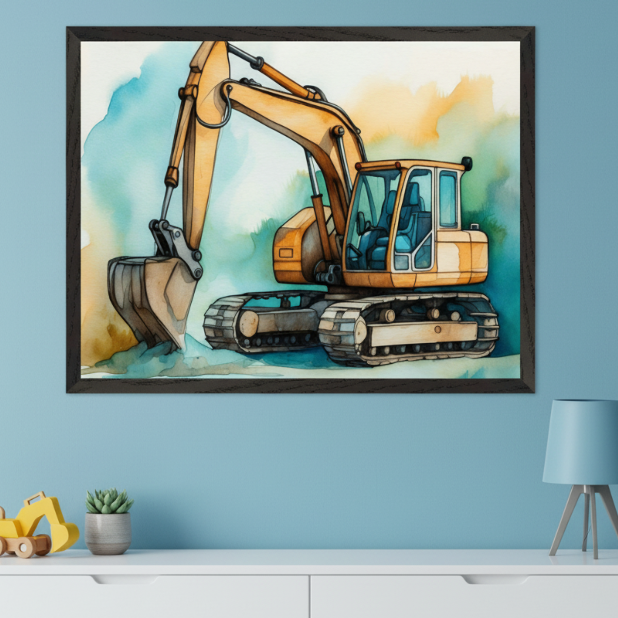 Kid's room with a blue wall and white dresser. A large framed watercolor painting of a yellow excavator hangs above the dresser. A wooden toy excavator, a plant, and a blue lamp are on the dresser.