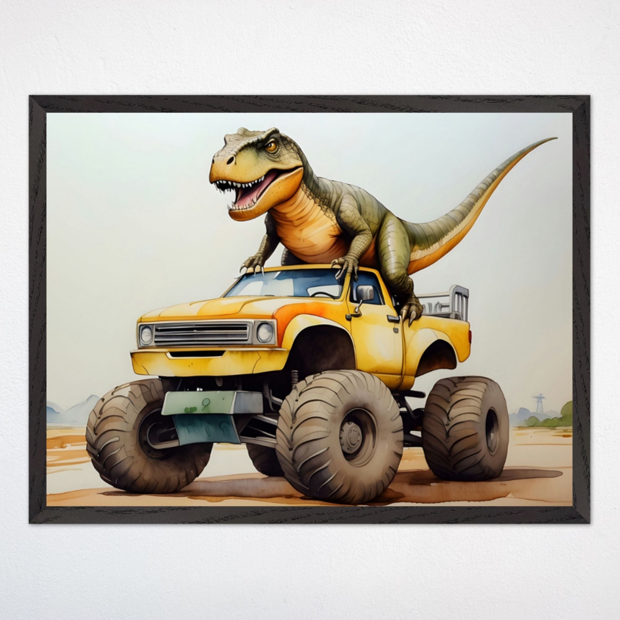 Dino Monster Truck Rally Wall Art for Nursery, Playroom or Kids Bedrooms - Jurassic Off-Road Excitement Decor - Monster Truck Rex