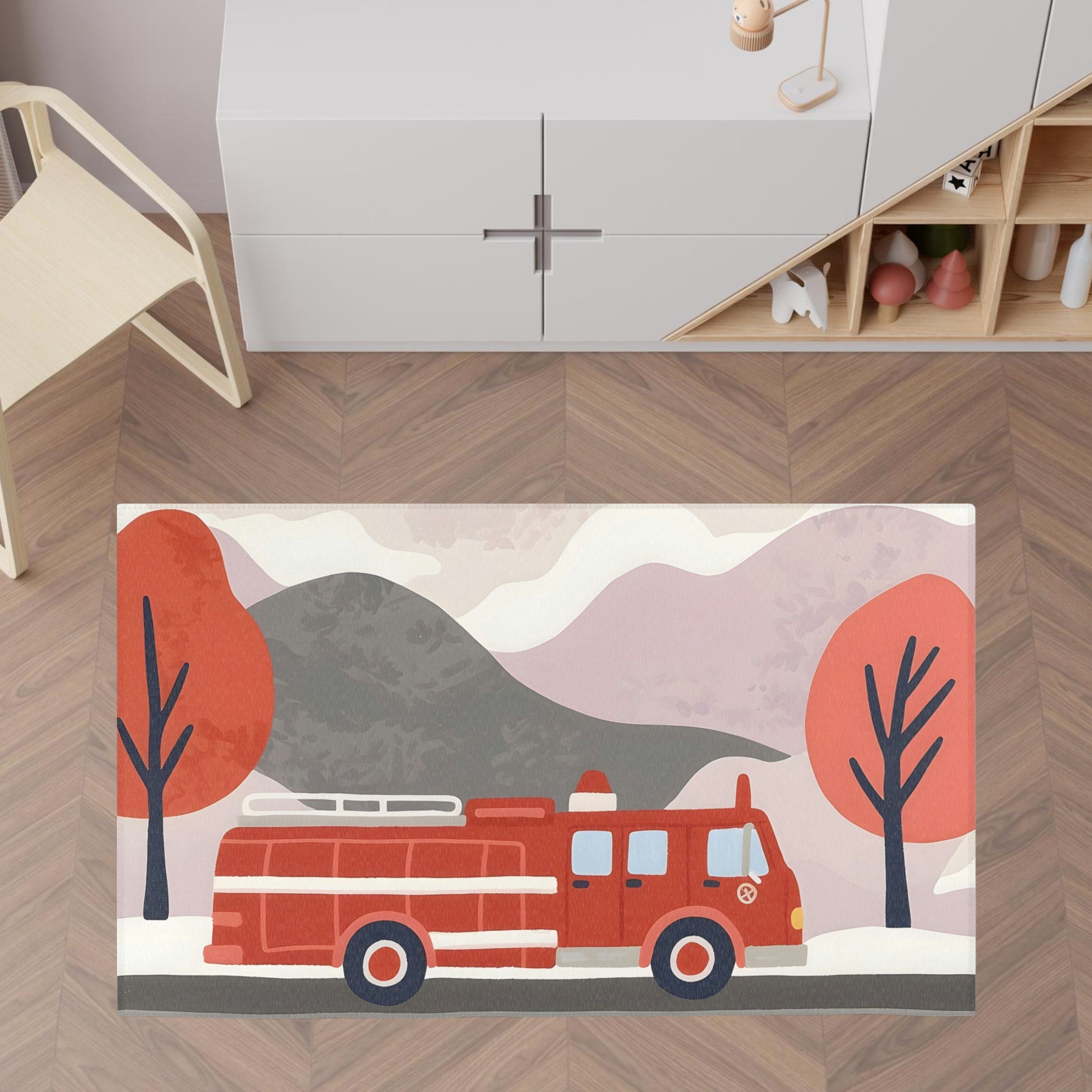 Firetruck Rug for Kids and Nursery Rooms - Frostfire Freewheeler