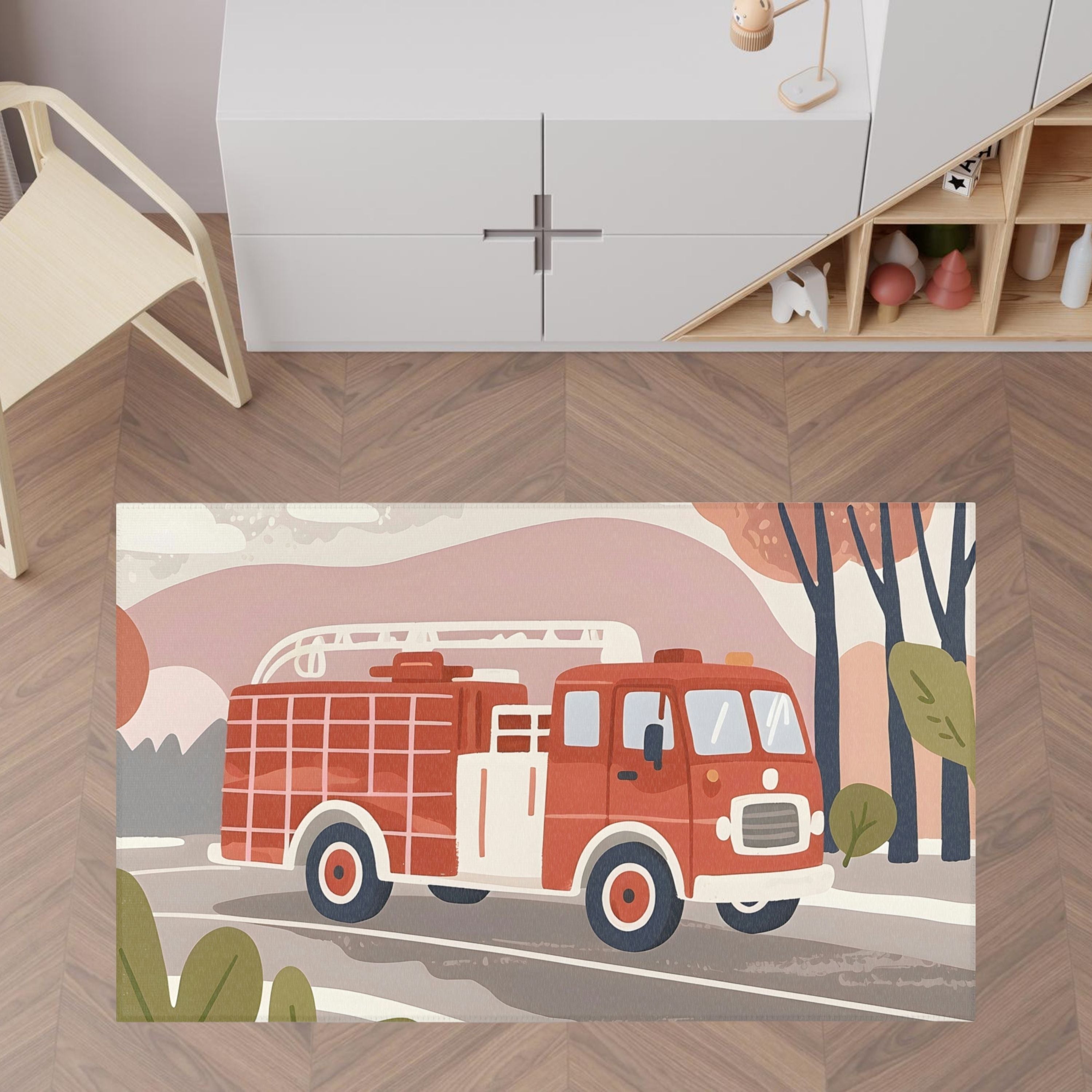 Firetruck Area Rug for Nursery and Kids Rooms - Classic Flame Fighter