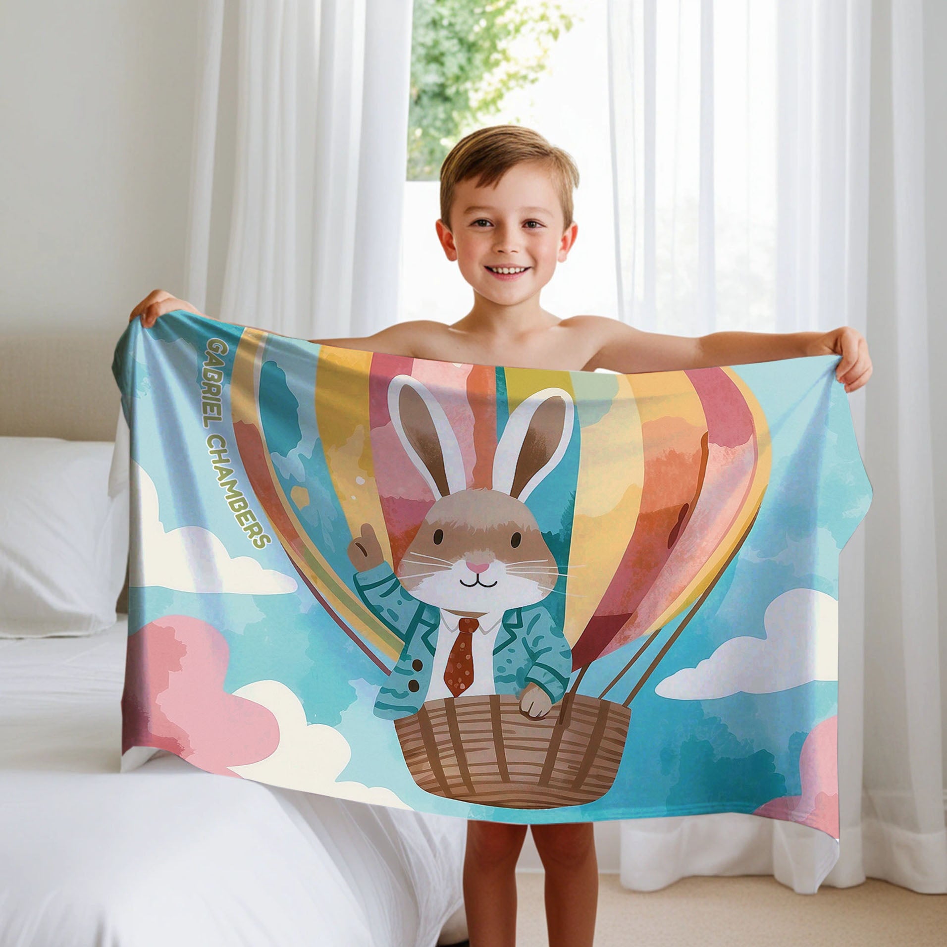 Hot Air Balloon personalized children's blankets - Upward Bound Bunny