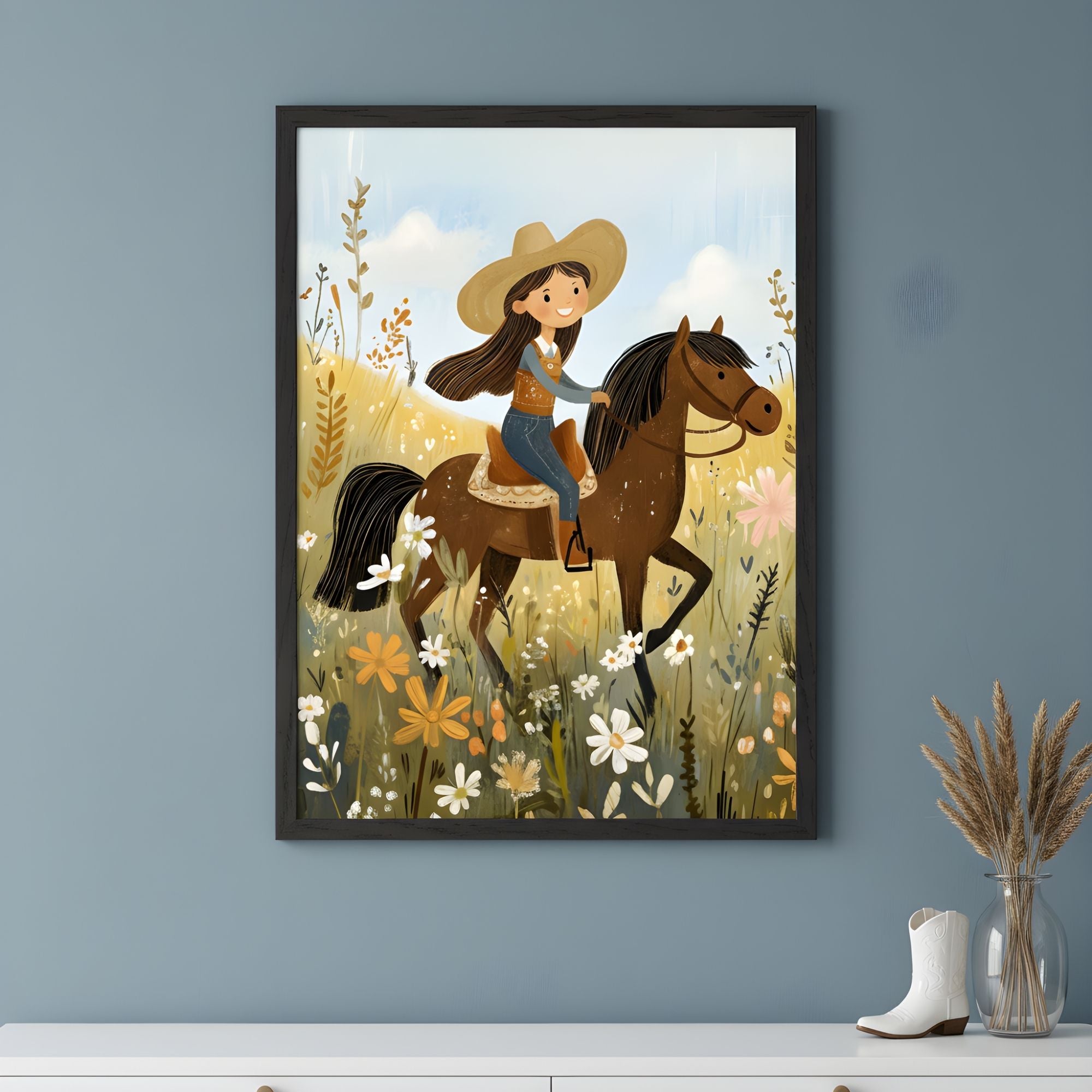 Cowgirl Bloom Ride Wall Art for Nursery, Playroom or Kids Bedrooms - Western Horseback Scene with Wildflowers - Sunny Canter