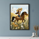 Cowgirl Bloom Ride Wall Art for Nursery, Playroom or Kids Bedrooms - Western Horseback Scene with Wildflowers - Sunny Canter