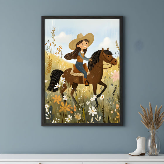 Cowgirl Bloom Ride Wall Art for Nursery, Playroom or Kids Bedrooms - Western Horseback Scene with Wildflowers - Sunny Canter