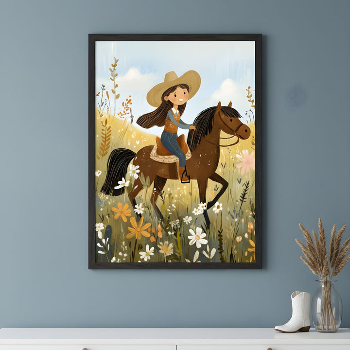 Cowgirl Bloom Ride Wall Art for Nursery, Playroom or Kids Bedrooms - Western Horseback Scene with Wildflowers - Sunny Canter