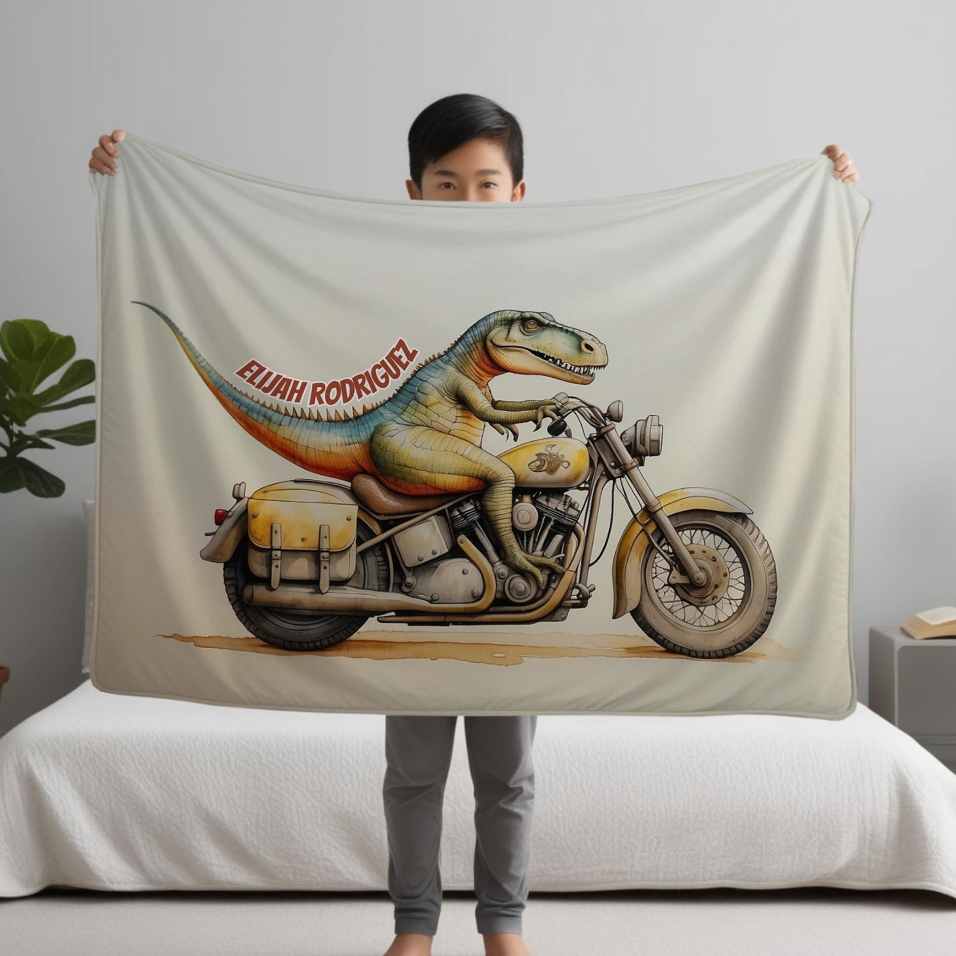 Motorcycle personalized blanket for newborn and kids - Dino Moto Dash