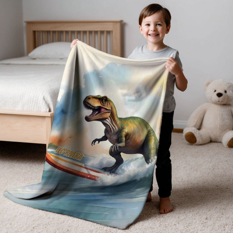 Dinosaur personalized blanket for newborn and kids - Roaring Surfer