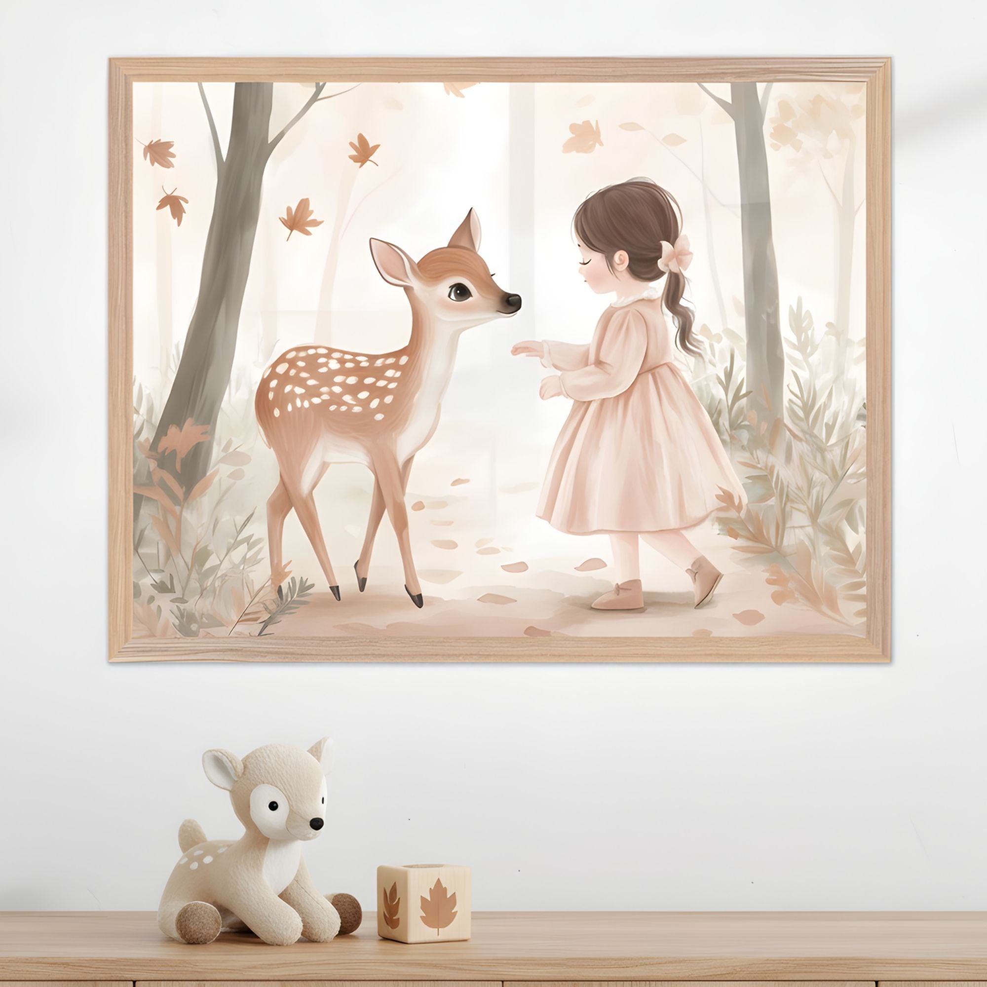 Framed nursery art featuring a young girl in a pale pink dress gently reaching out to a spotted fawn in a soft, pastel woodland setting with falling autumn leaves. Positioned above a wooden dresser topped with a plush deer toy and leaf-printed wooden blocks, the scene evokes warmth, innocence, and a love for nature.