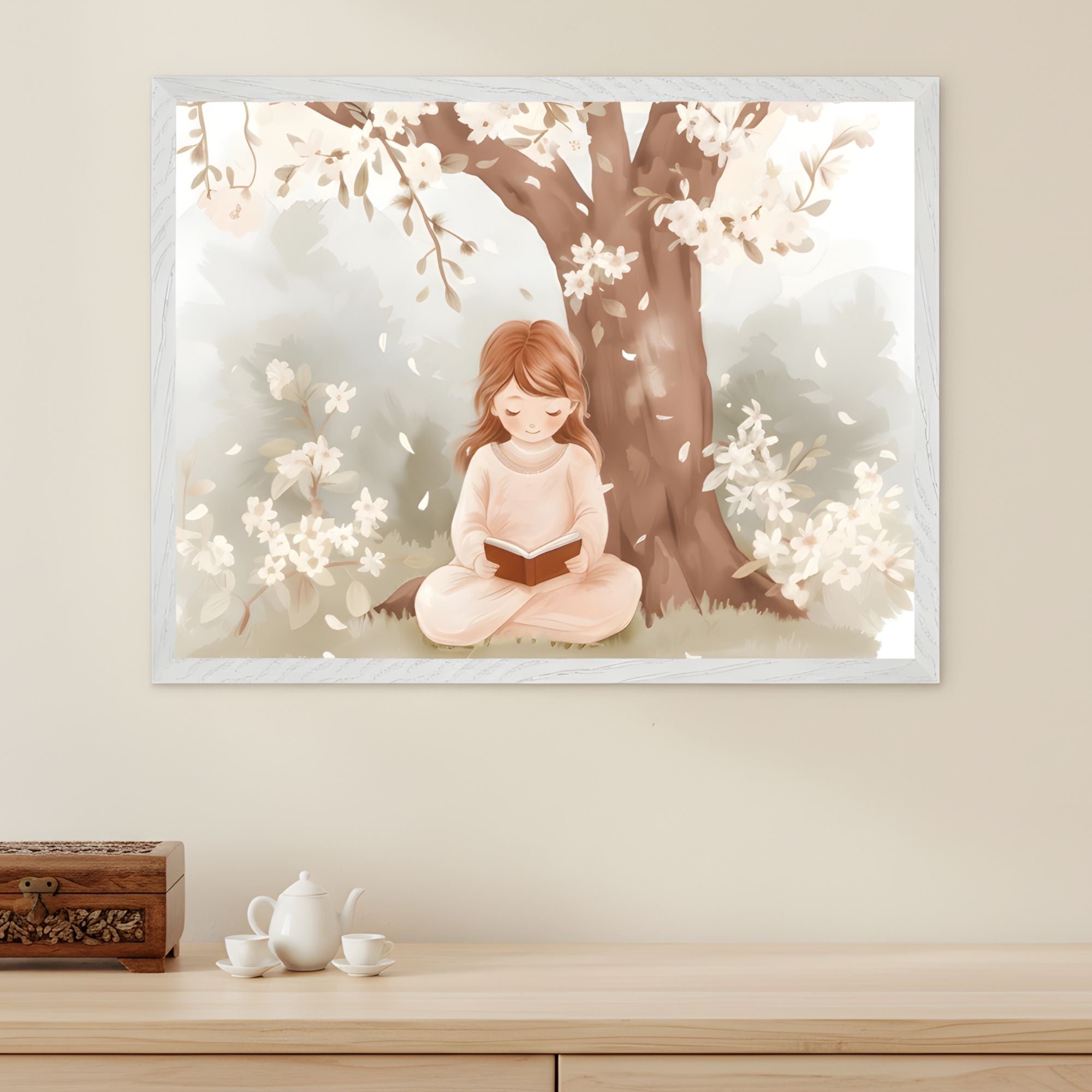 Framed wall art of a young girl sitting cross-legged under a blooming tree, peacefully reading a book amid soft white flowers and falling petals. The gentle pastel tones and serene setting create a calming, storybook-inspired atmosphere in the room.