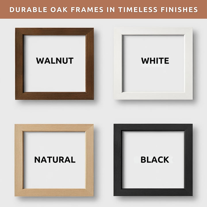 four different types of oak frames, each with a different finish: walnut, white, natural, and black.