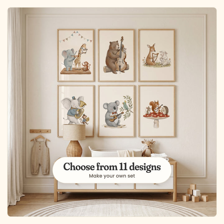 Nursery with six musical animal prints in wood frames above a dresser, labeled Choose from 11 designs, Make your own set