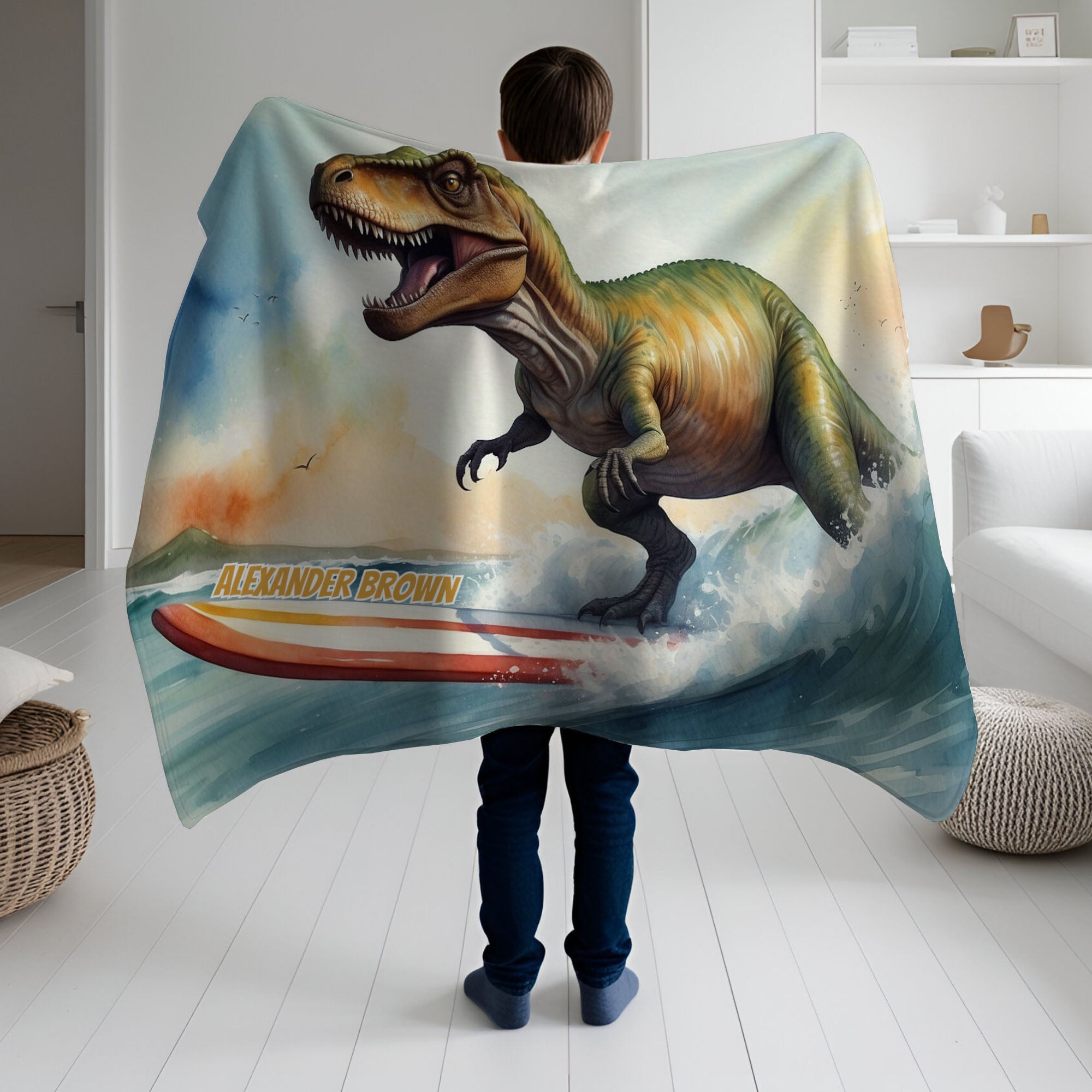 Dinosaur personalized blanket for babies and kids - Surfin' Saurus