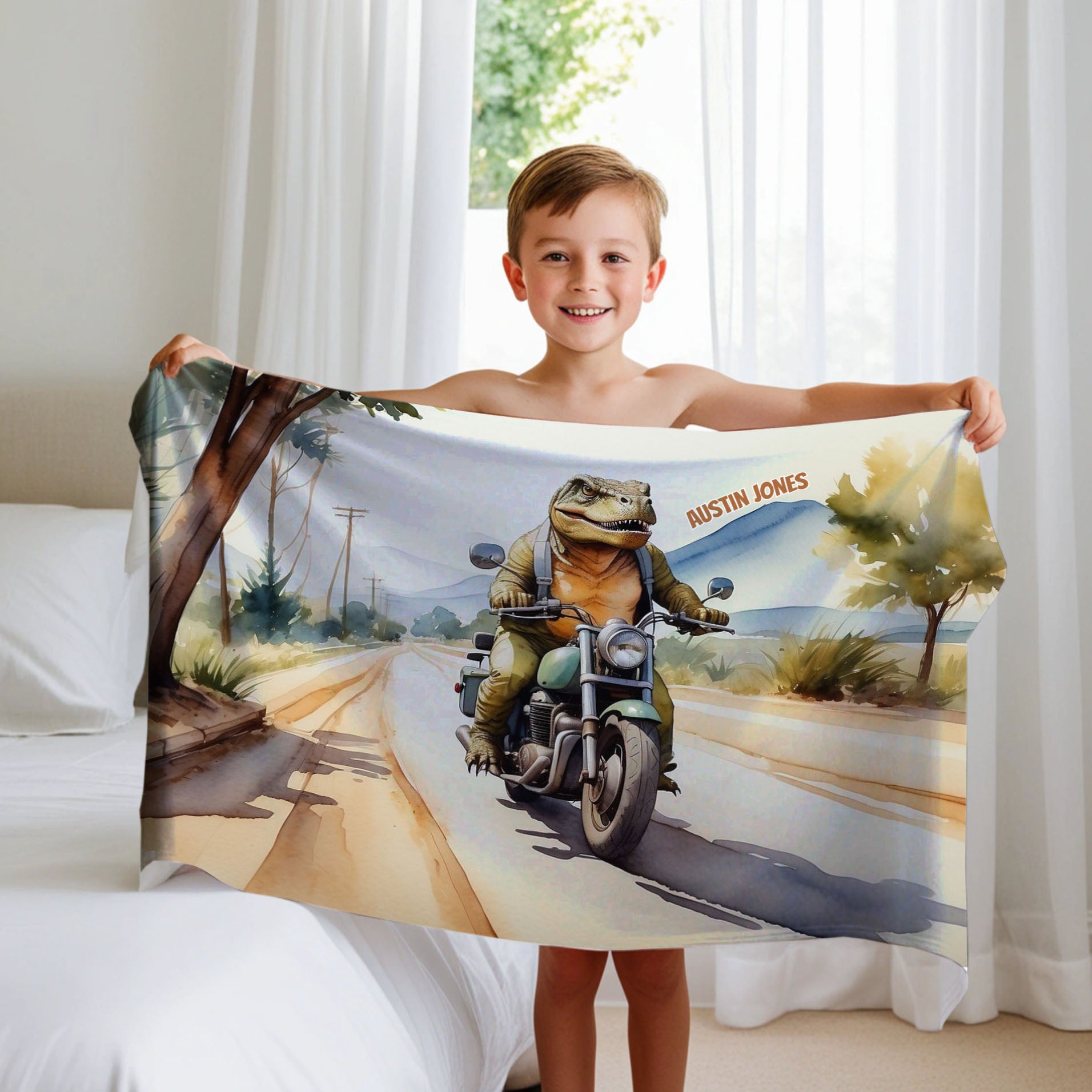 Motorcycle personalized blanket for newborn and kids - Saurus Speedster