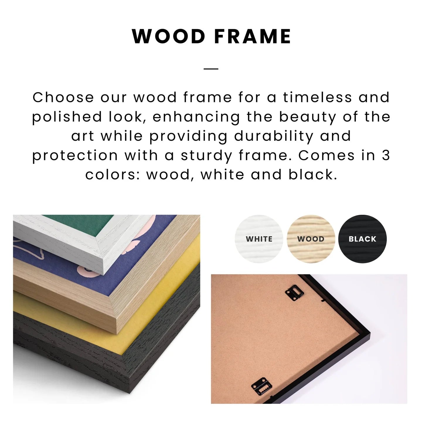 The image is a collage of three different wood frame options, each with a distinct color: white, black, and wood. The text above the image provides information about the wood frame, including its durability and protection properties.