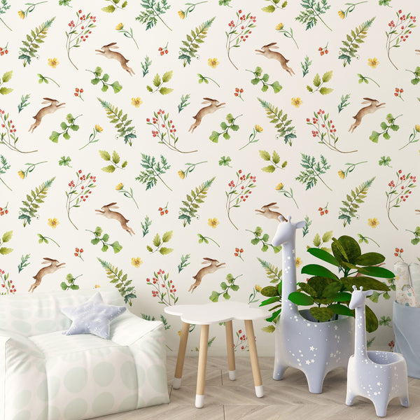 Bunny Peel and Stick or Traditional Wallpaper - Bunny Botanica