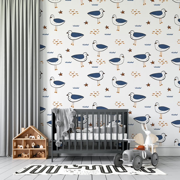 Birds Peel and Stick or Traditional Wallpaper - Coastal Chirps