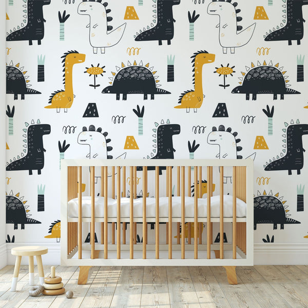 Dinosaur Peel and Stick or Traditional Wallpaper - Dino Doodles Delight