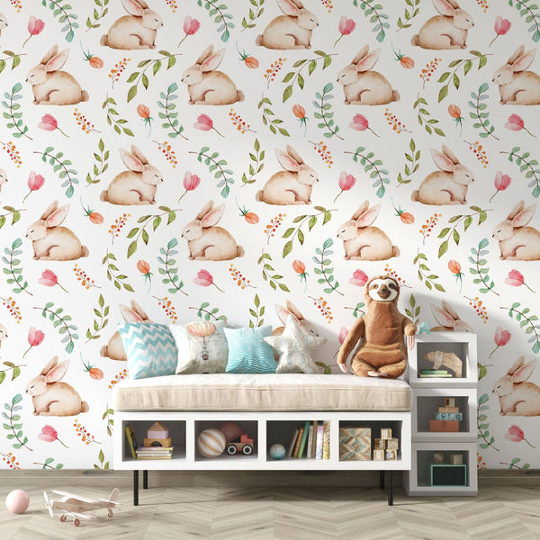Bunny Peel and Stick or Traditional Wallpaper - Rabbit Spring Garden