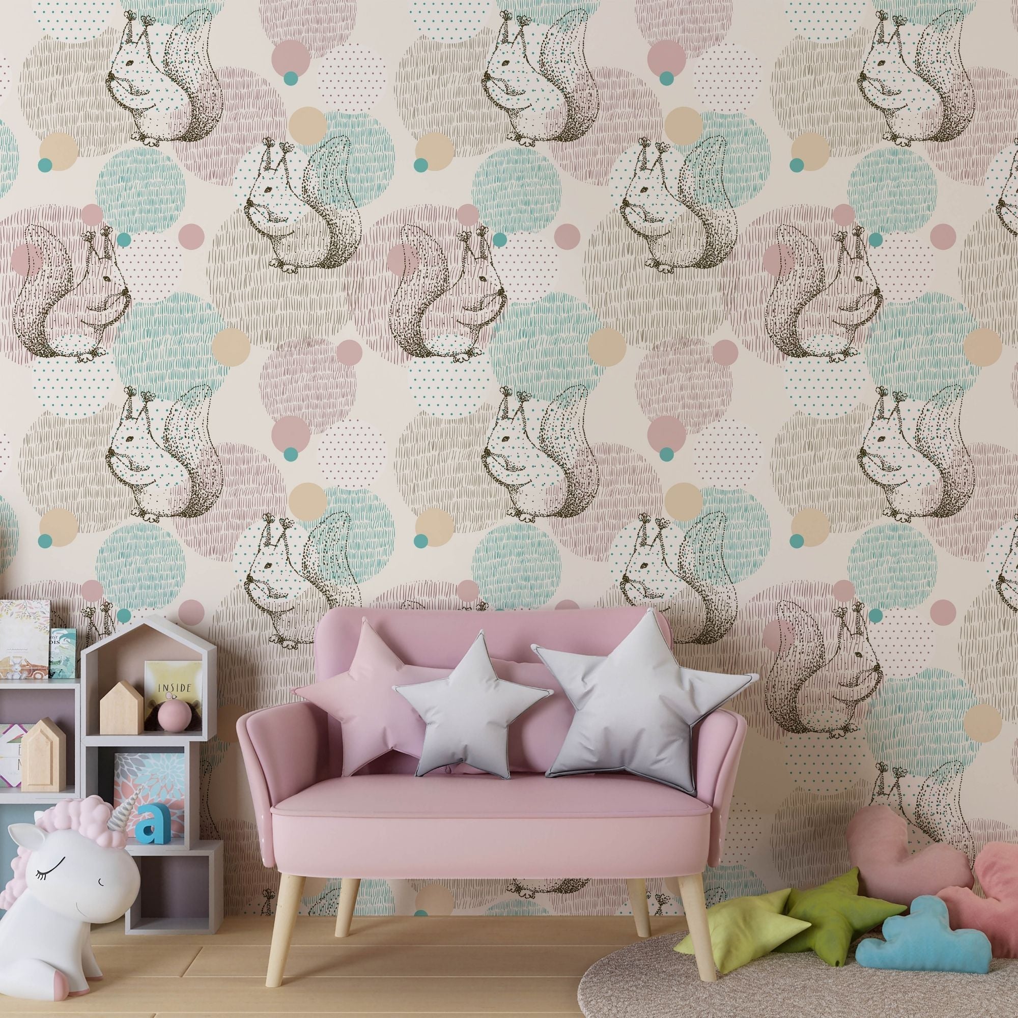 Traditional or Peel and Stick Squirrel Wallpaper - Nuts about Dots