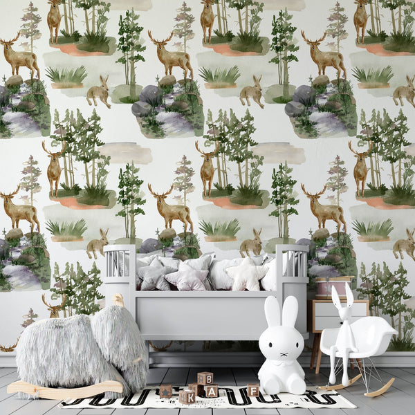 Forest Peel and Stick or Traditional Wallpaper - Forest Fauna Harmony