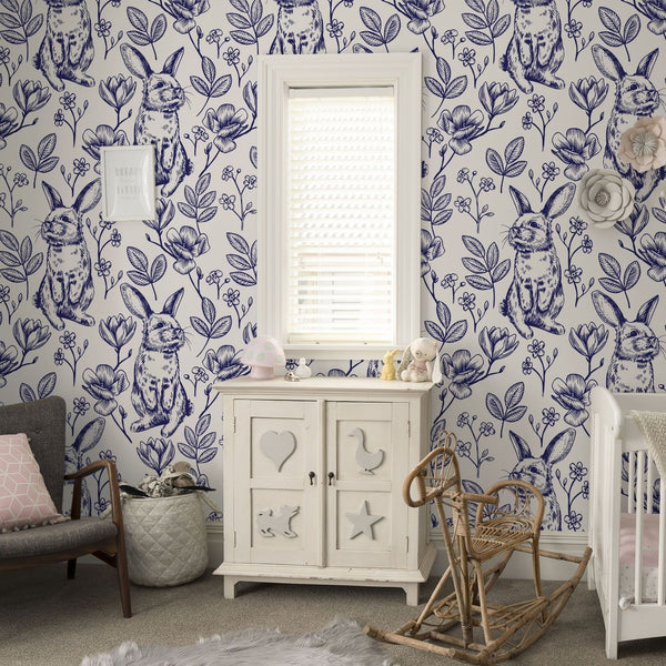 Bunny Peel and Stick or Traditional Wallpaper - Botanical Bunny Blueprints