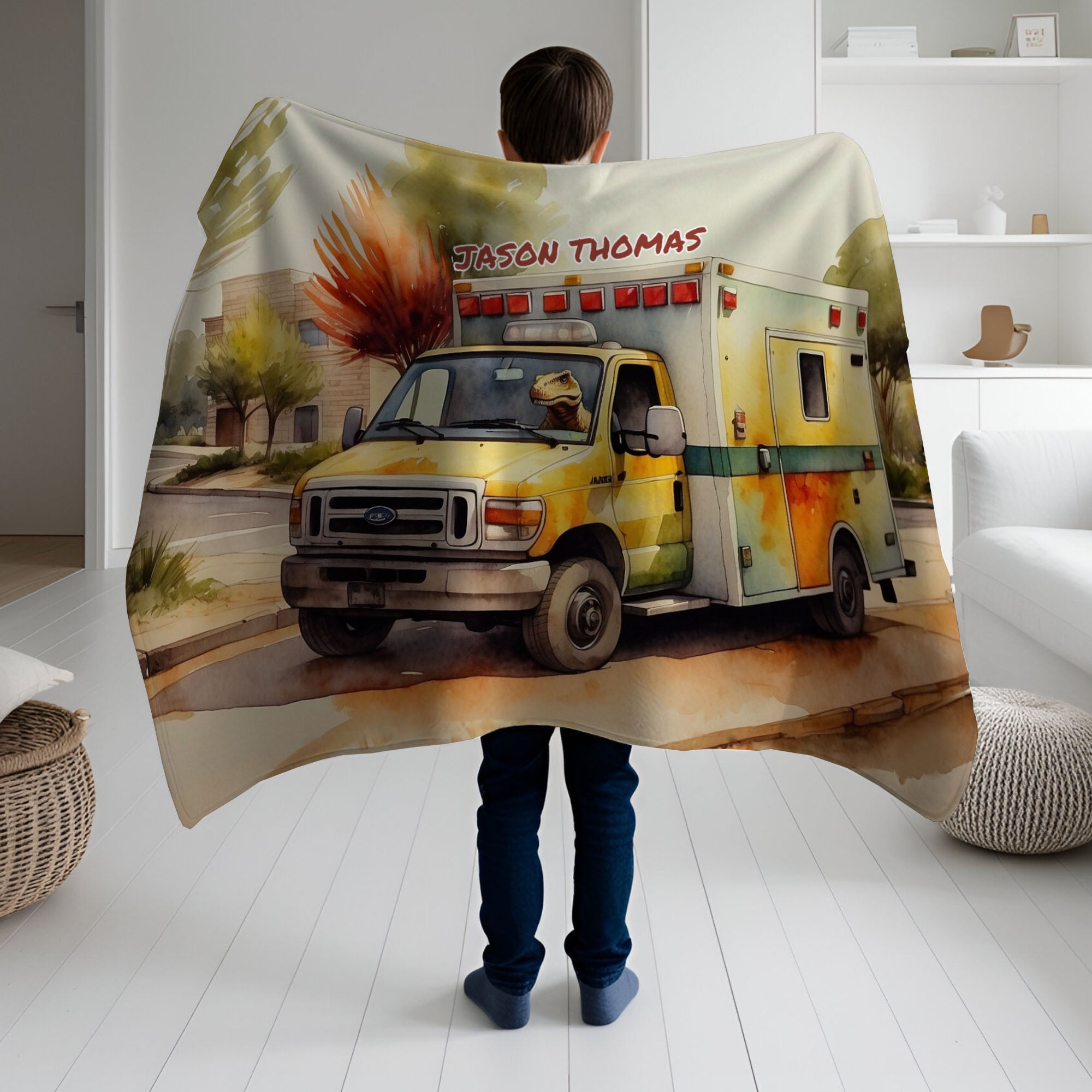 Ambulance personalized blanket for newborn and kids - Prehistoric Paramedic